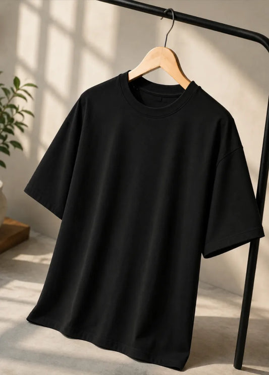 Men's Premium Drop Shoulder Black Cotton Unisex T-Shirt | All-Day Comfort