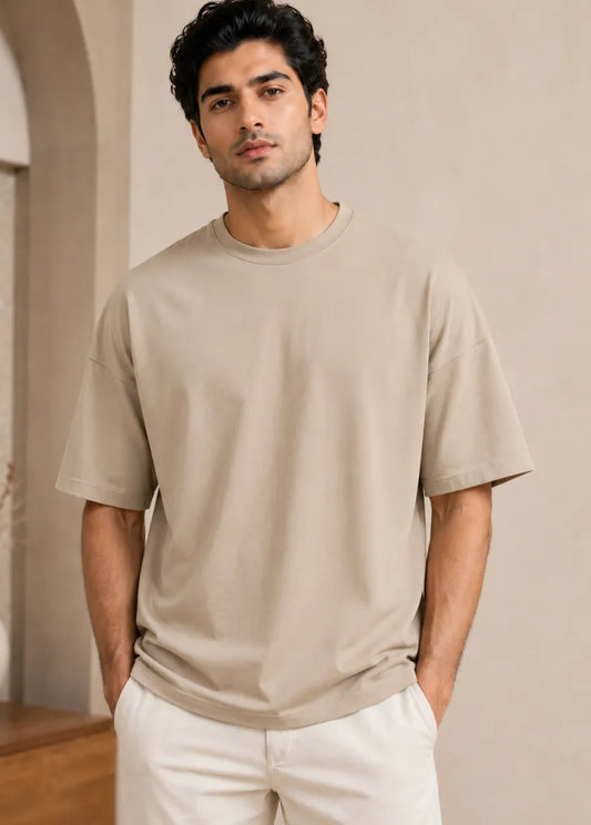 Men's Premium Drop Down Beige Cotton T-Shirt | All-Day Comfort