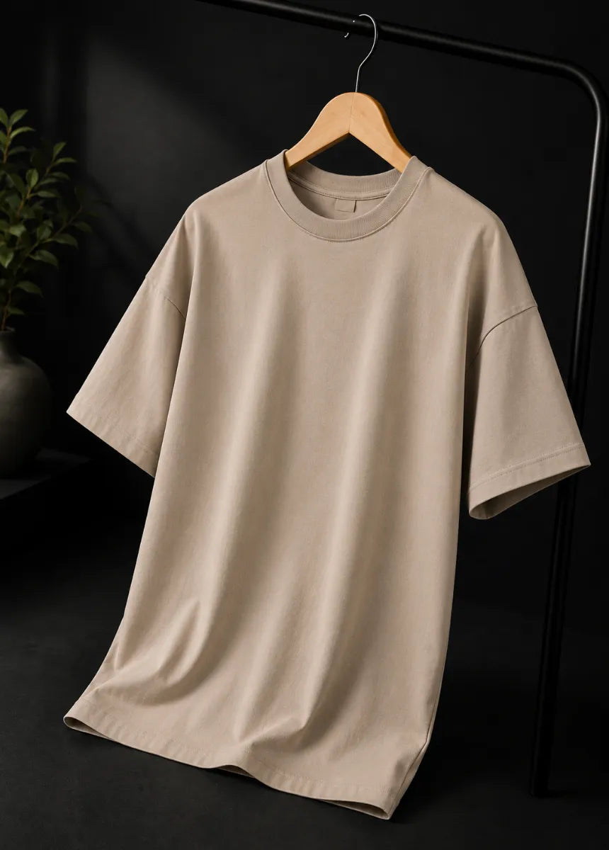 Men's Premium Drop Shoulder Beige Cotton Unisex T-Shirt | All-Day Comfort