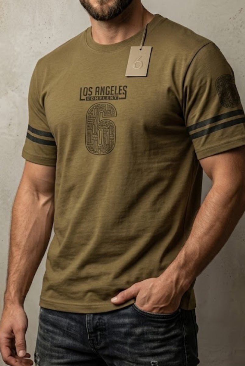 Men’s beige graphic t-shirt front view Los Angeles print
