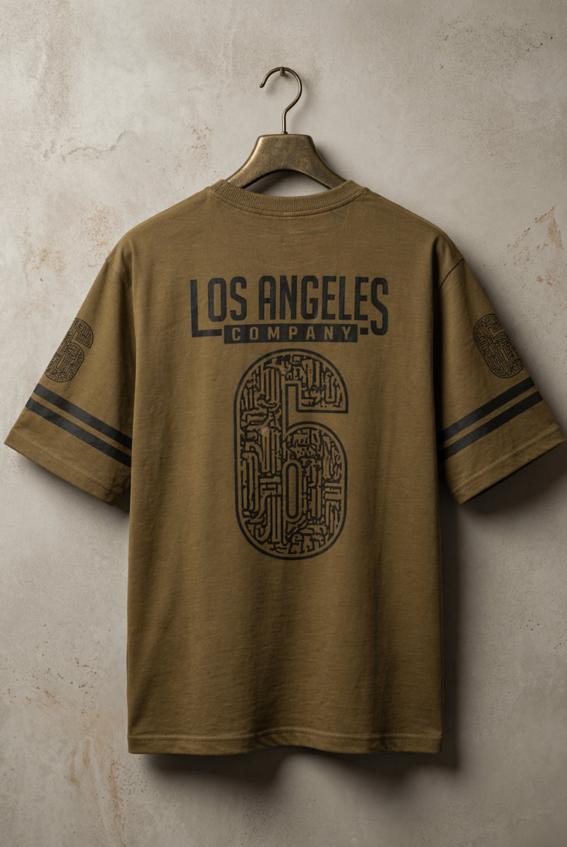 Men’s beige graphic t-shirt front view Los Angeles print
