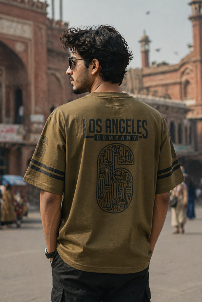 Men’s beige graphic t-shirt front view Los Angeles print