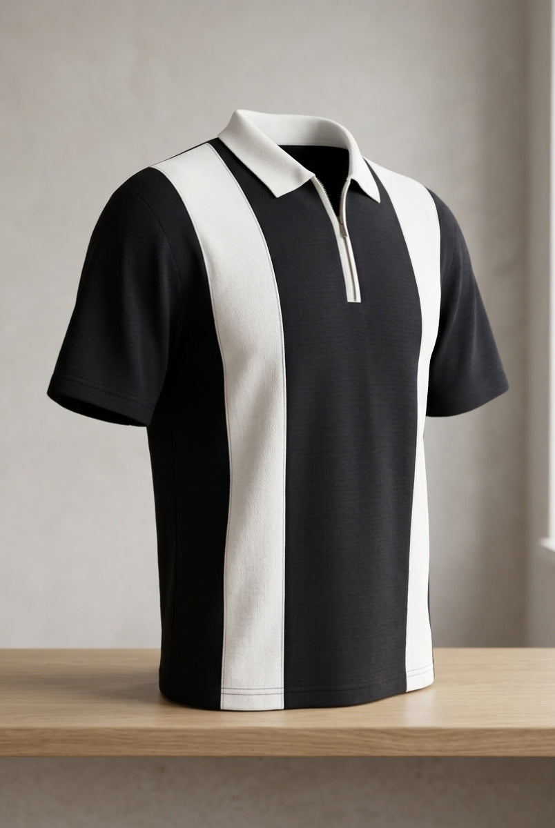 Men’s black striped polo shirt front view zip collar