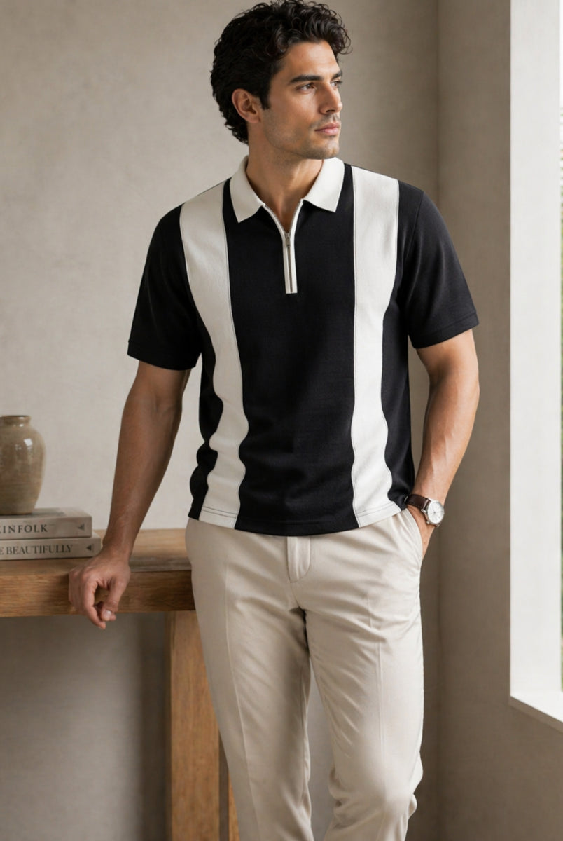 Men’s black striped polo shirt front view zip collar