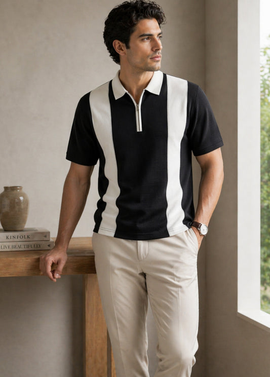 Men’s black striped polo shirt front view zip collar