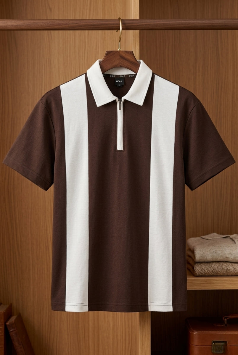 Men’s brown striped polo shirt front view zip collar