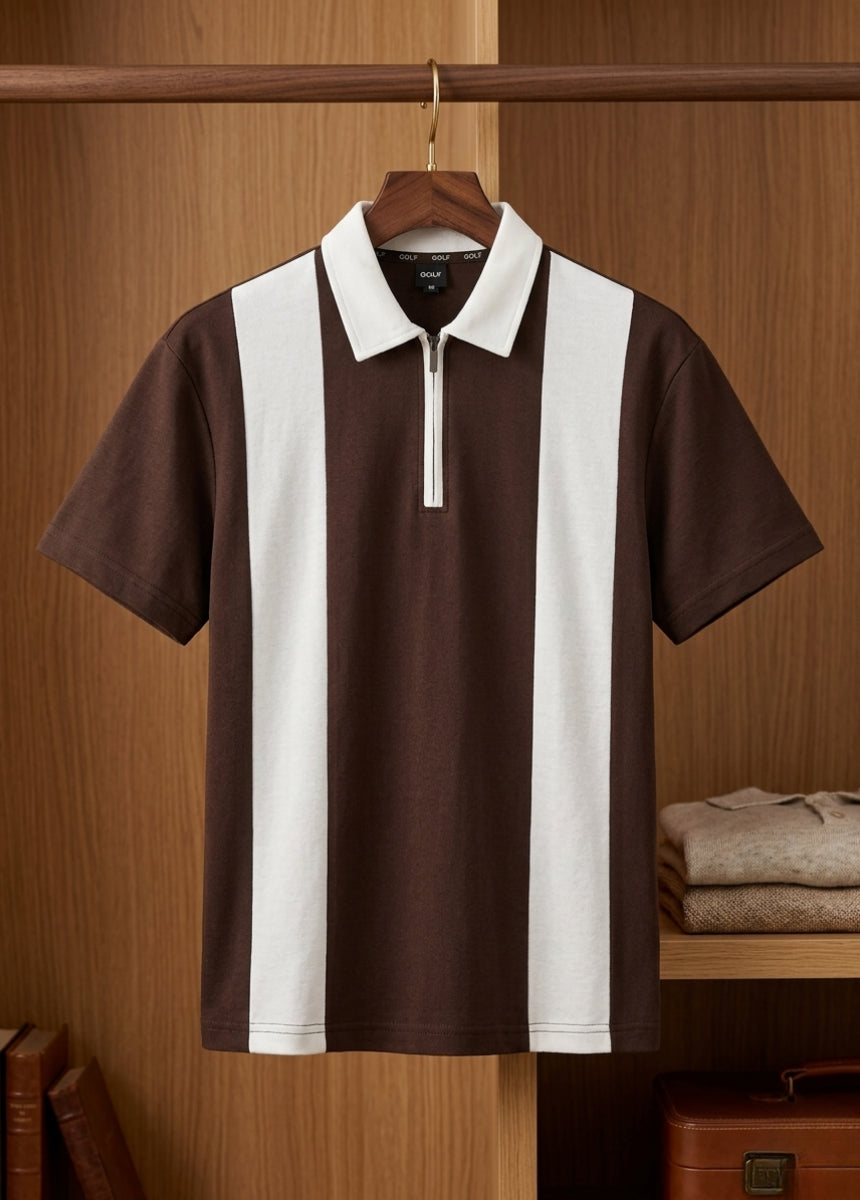Men’s brown striped polo shirt front view zip collar