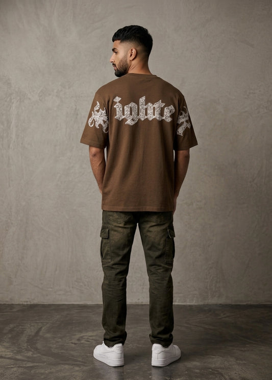 Fighter gothic back print brown t-shirt full rear view