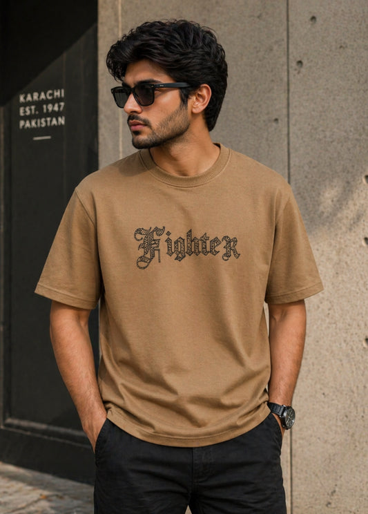 Fighter gothic beige t-shirt front view premium cotton