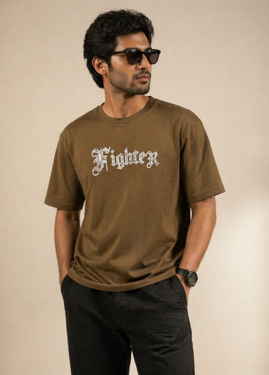 Fighter gothic olive brown t-shirt front view premium cotton