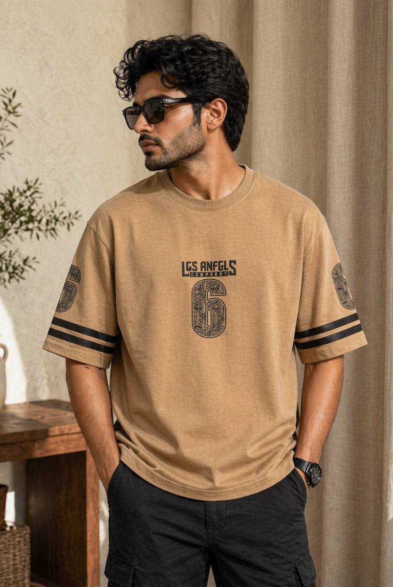 Beige Los Angeles 6 graphic t-shirt front hanging