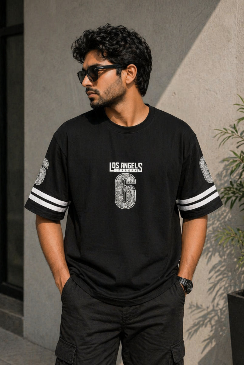 Black Los Angeles 6 graphic t-shirt front view hanging