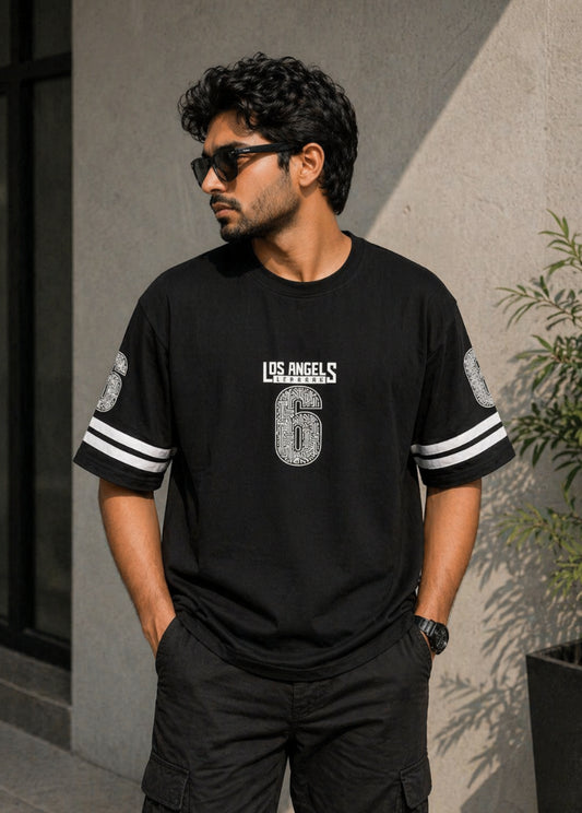 Black Los Angeles 6 graphic t-shirt front view hanging