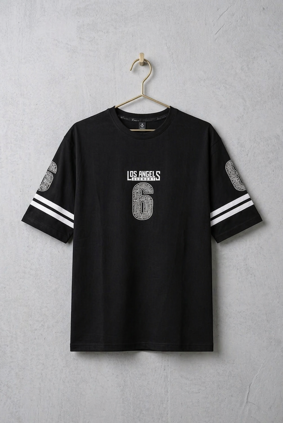 Black Los Angeles 6 graphic t-shirt front view hanging