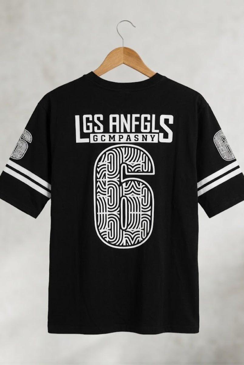 Black Los Angeles 6 graphic t-shirt front view hanging
