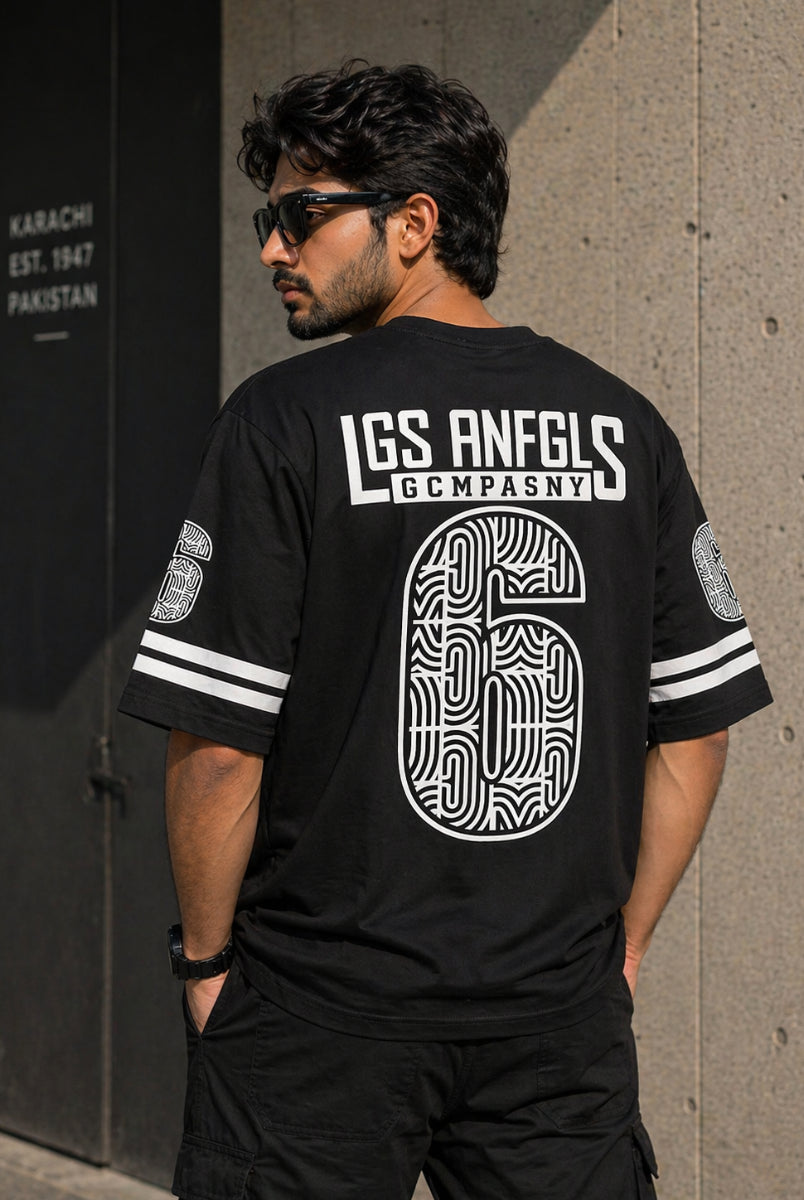 Black Los Angeles 6 graphic t-shirt front view hanging