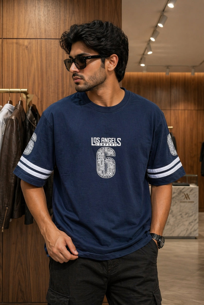 Men’s navy blue graphic t-shirt front view Los Angeles print
