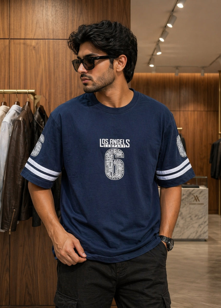 Men’s navy blue graphic t-shirt front view Los Angeles print