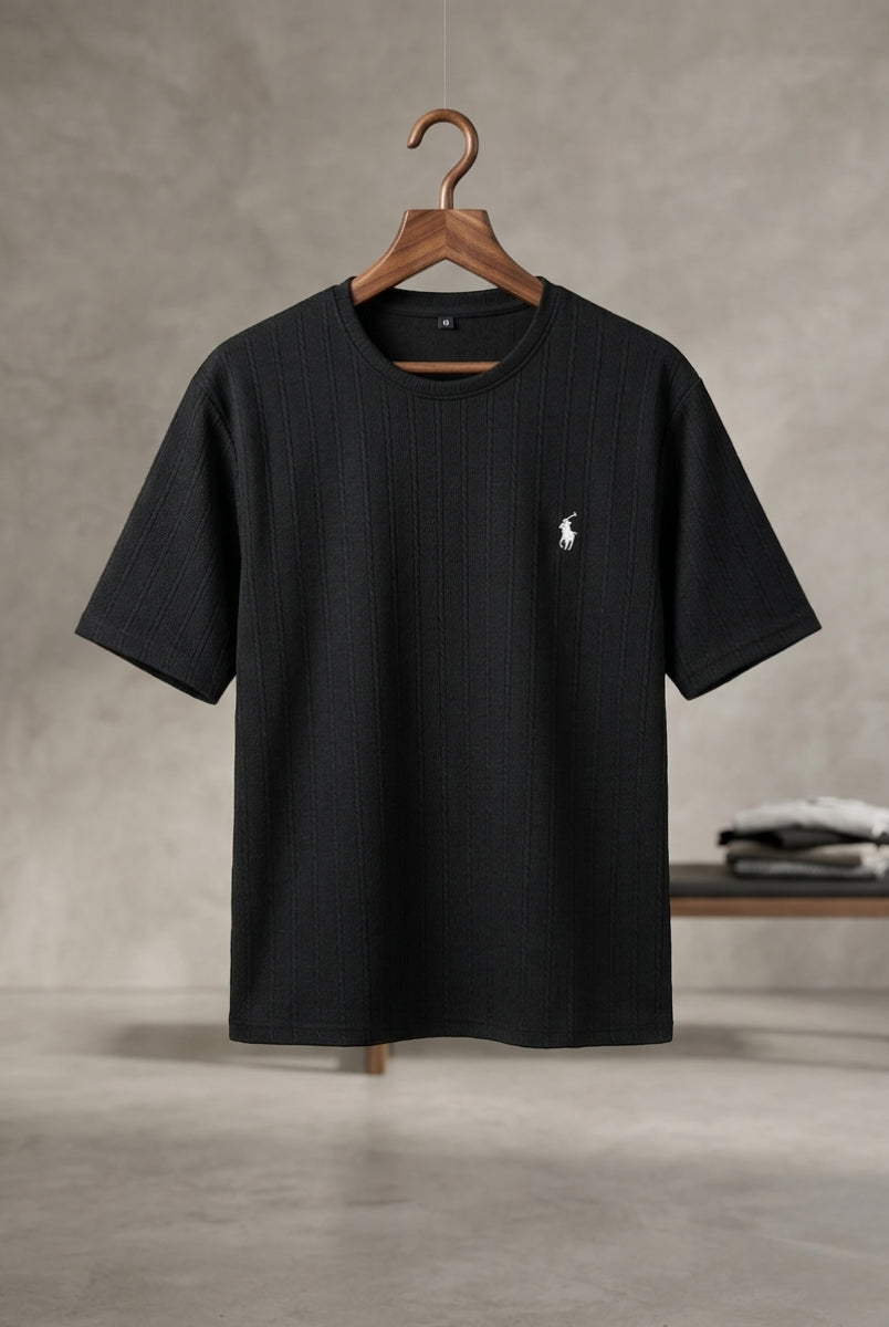 Black ribbed men’s t-shirt front view minimal logo
