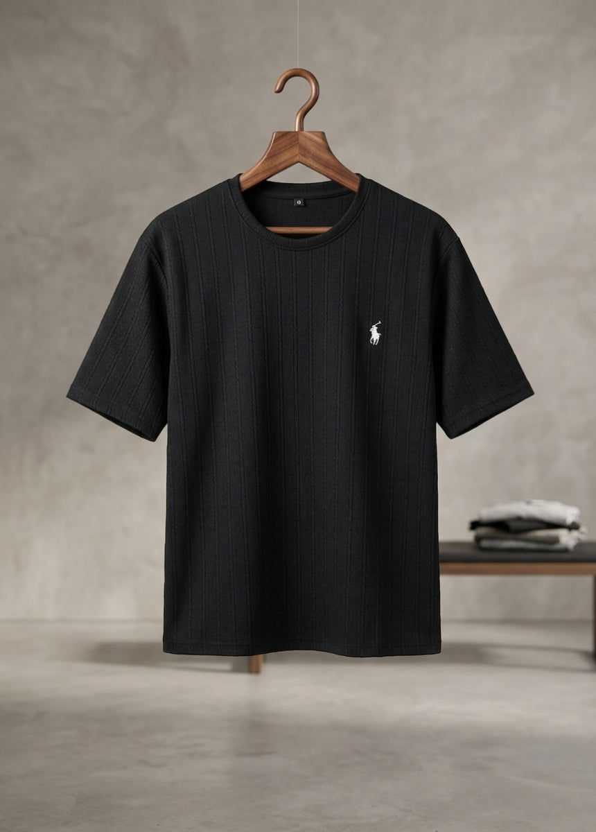 Black ribbed men’s t-shirt front view minimal logo