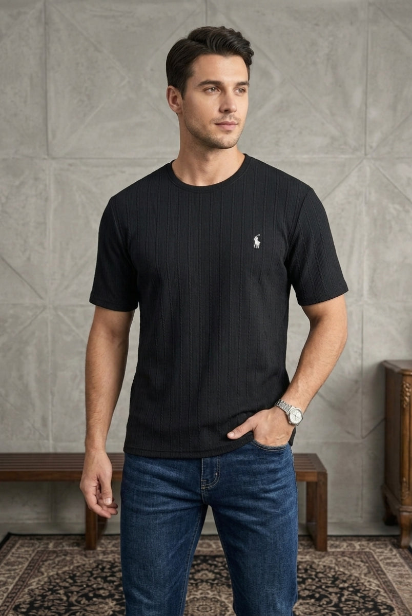 Black ribbed men’s t-shirt front view minimal logo