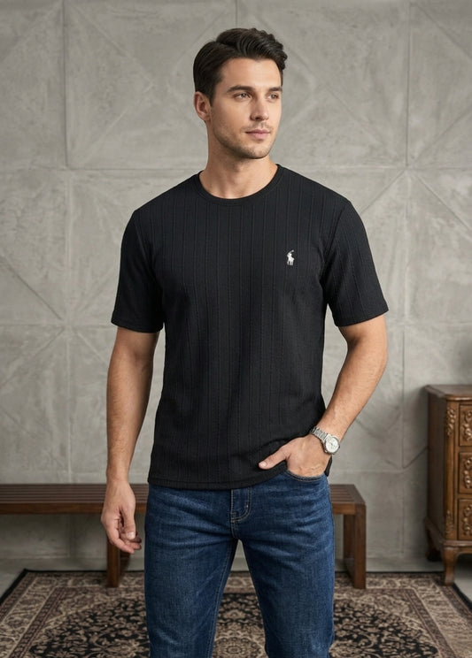 Black ribbed menβs t-shirt front view minimal logo