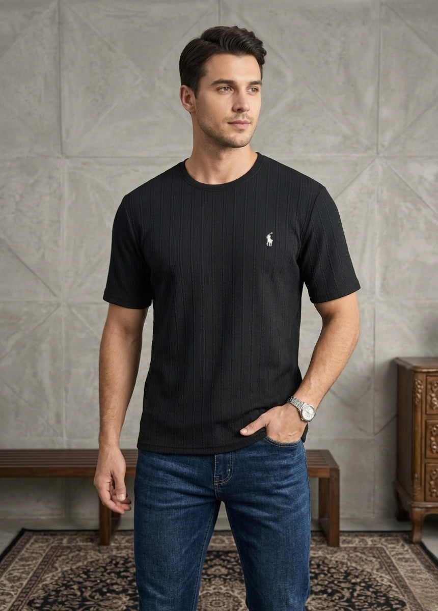 Black ribbed men’s t-shirt front view minimal logo