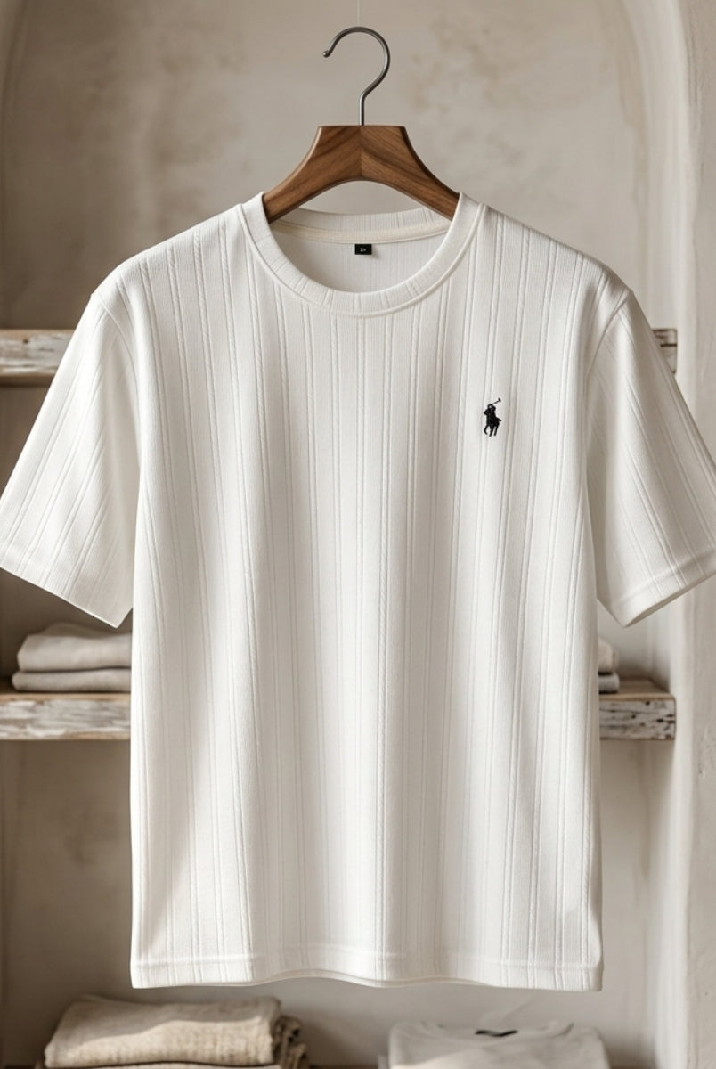 Premium ribbed white men’s t-shirt front view minimal logo
