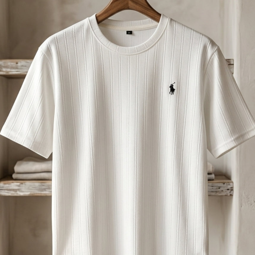 Premium ribbed white men’s t-shirt front view minimal logo