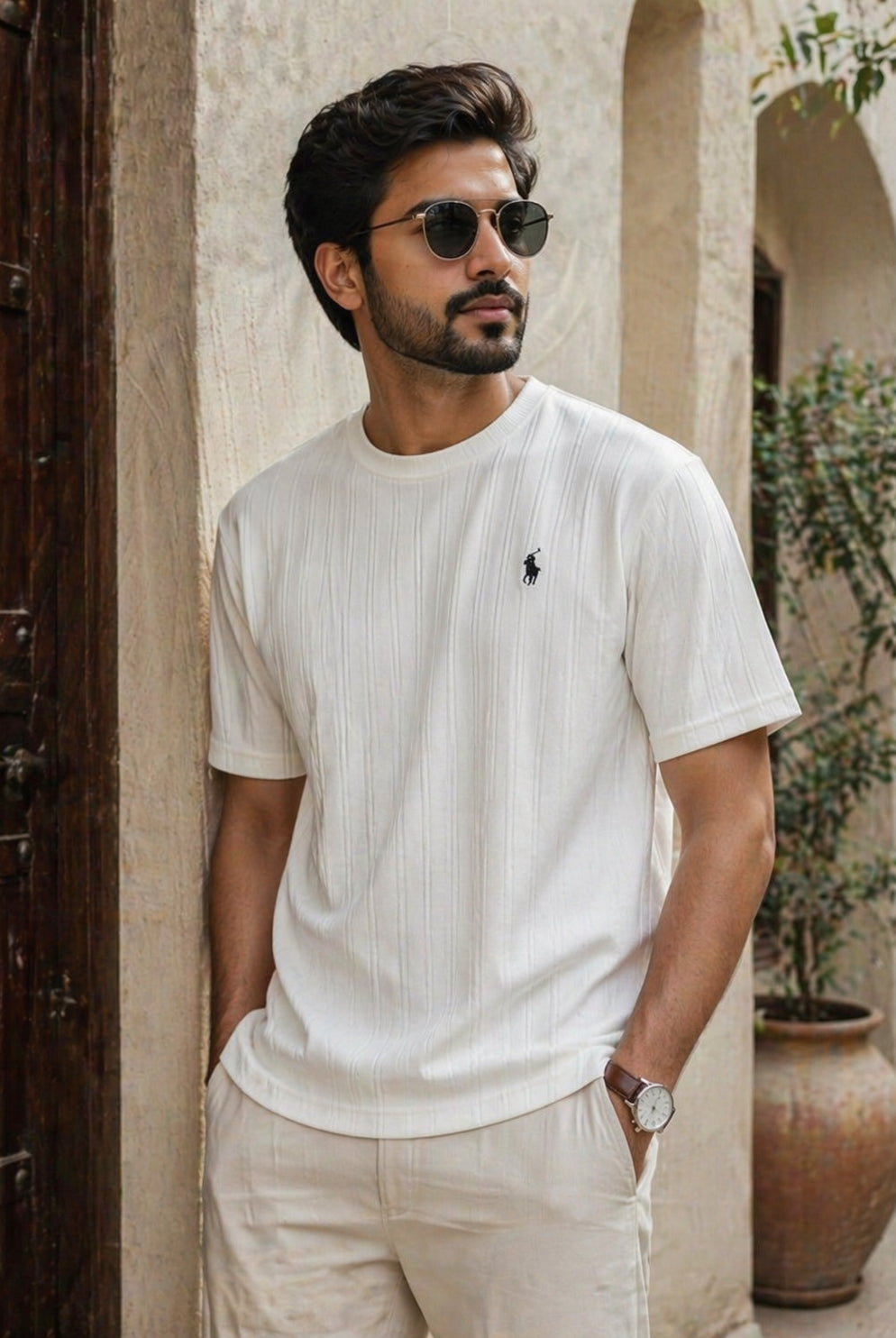 Premium ribbed white men’s t-shirt front view minimal logo