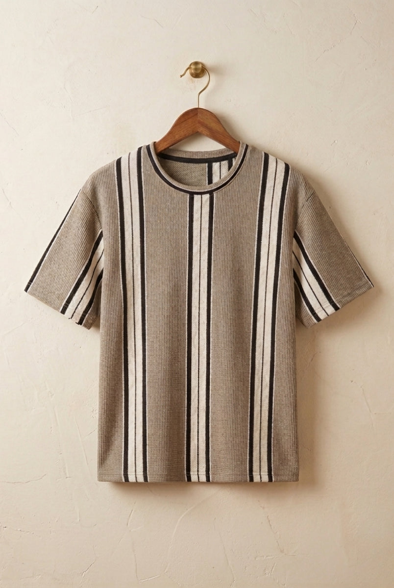 Men beige striped t-shirt front view breathable soft summer wear