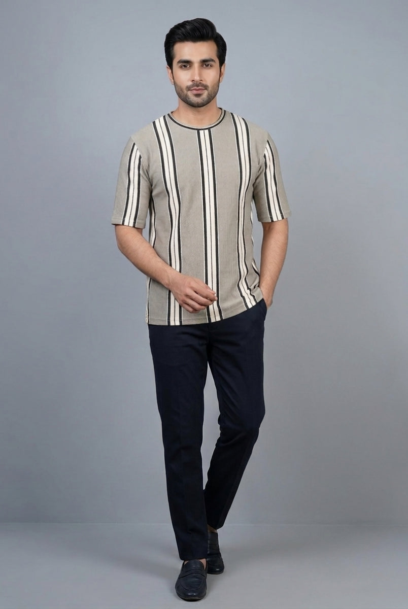 Men beige striped t-shirt front view breathable soft summer wear