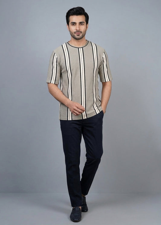 Men beige striped t-shirt front view breathable soft summer wear