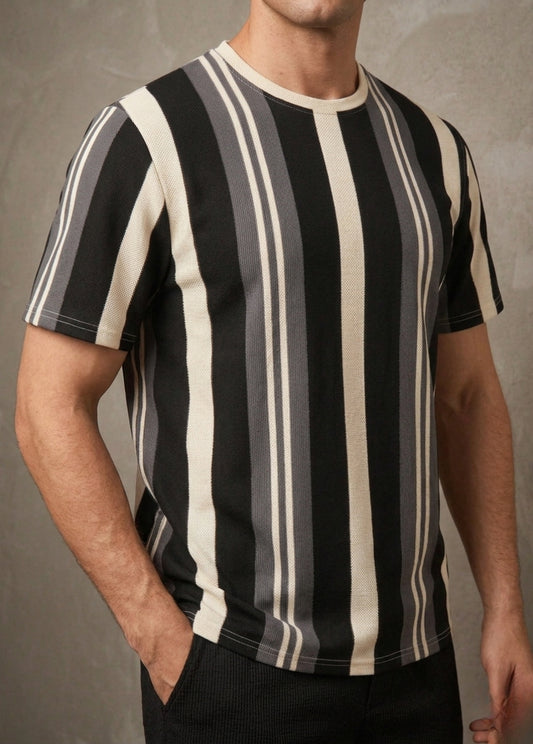 Men black striped t-shirt front view breathable slim fit summer wear