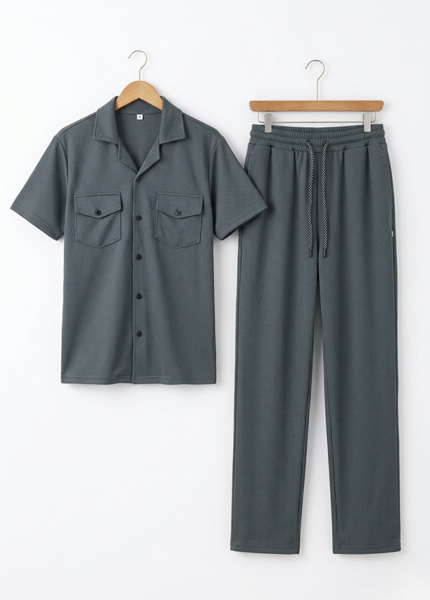 Men’s ribbed lounge set front view green shirt and pants