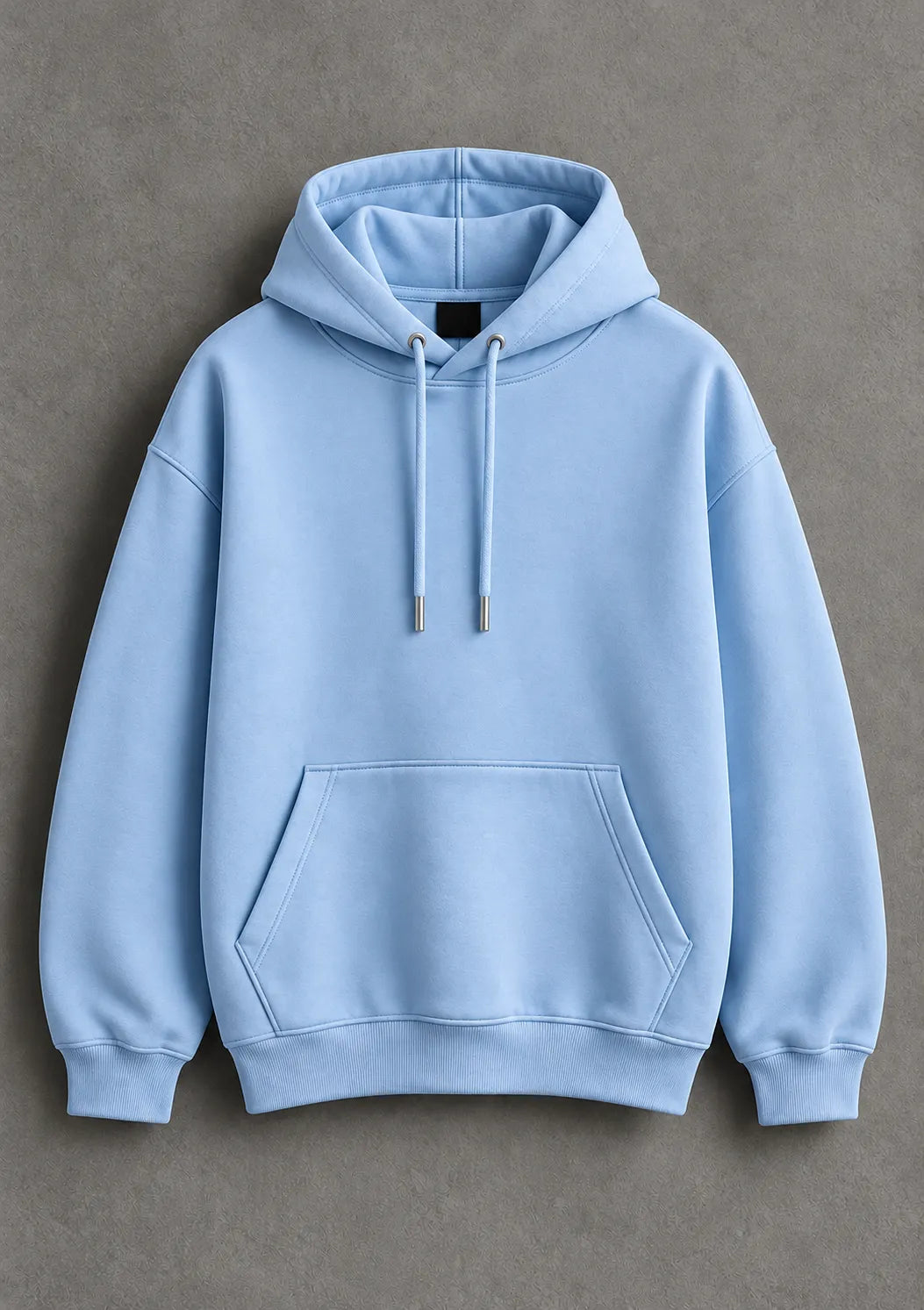 Zyvor baby blue hoodie featuring an adjustable drawstring hood, front kangaroo pocket, and ribbed cuffs against a grey background