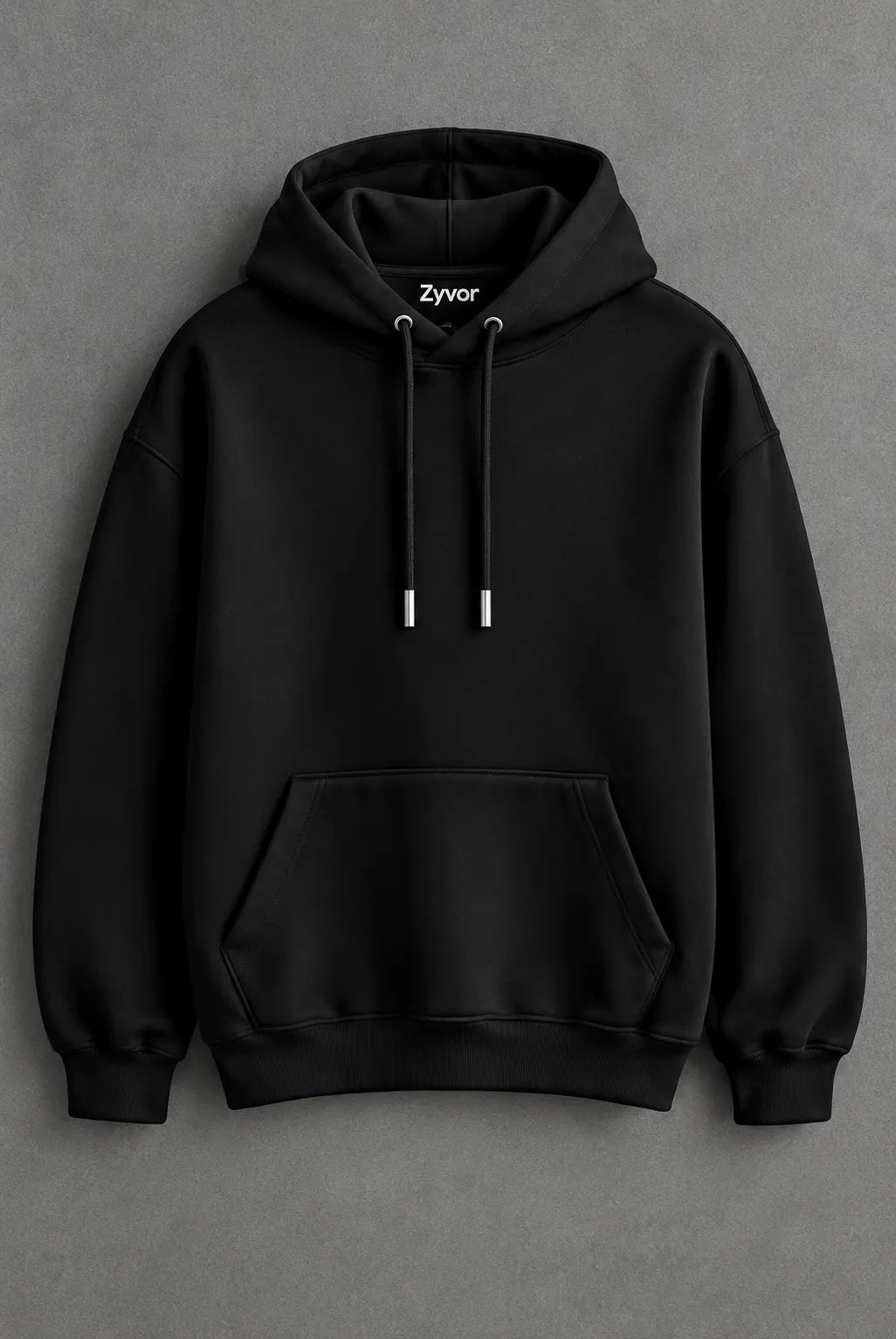 Zyvor black streetwear hoodie showcasing a unique gothic back print with crescent moons and stars.