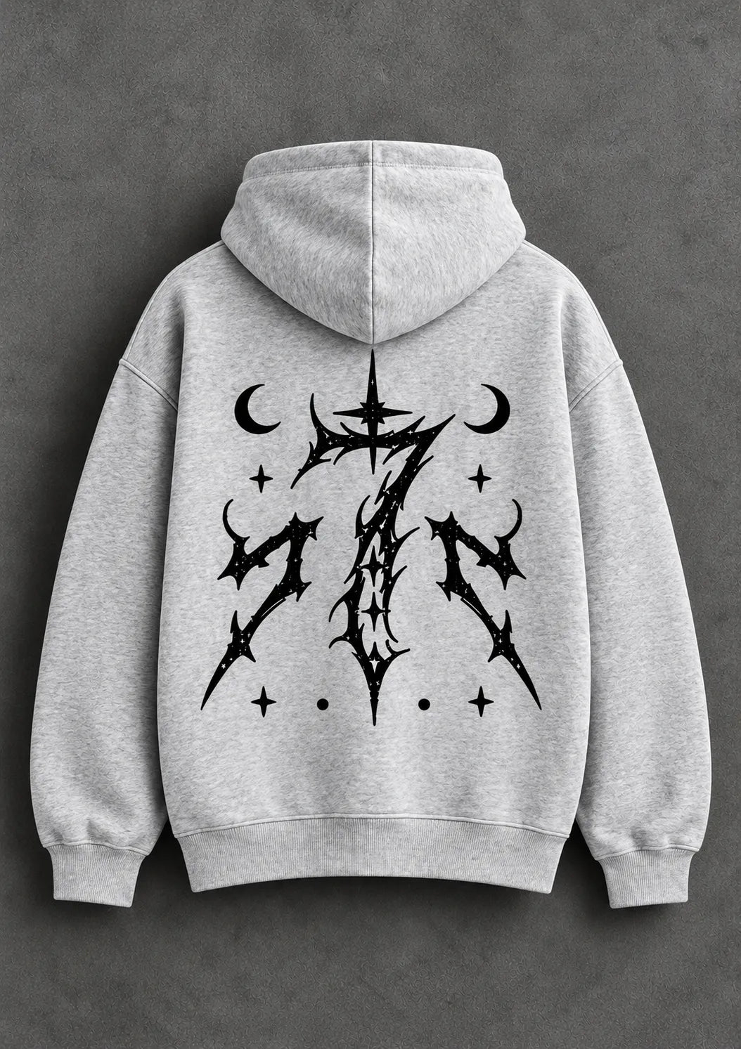 Zyvor grey hoodie featuring a bold black gothic graphic with crescent moons and stars printed on the back.