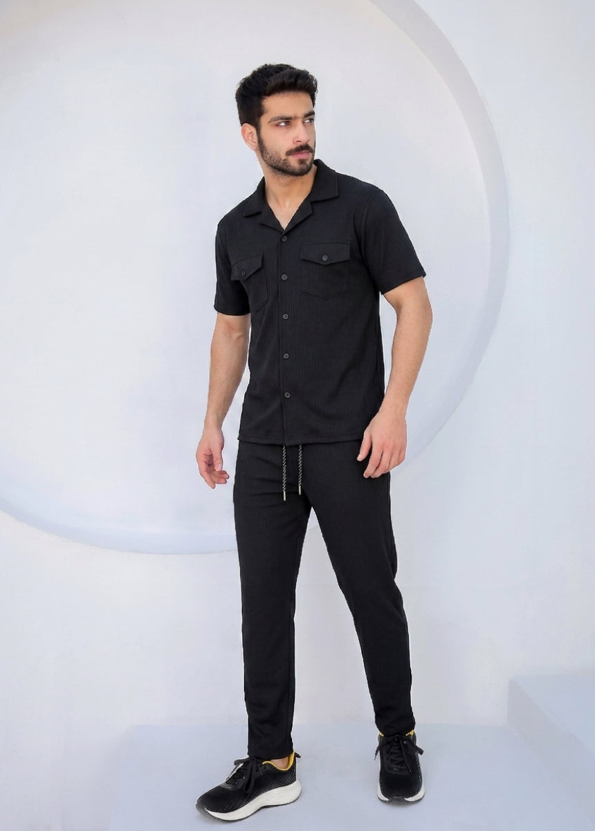 Black ribbed pants with drawstring waist comfortable relaxed fit