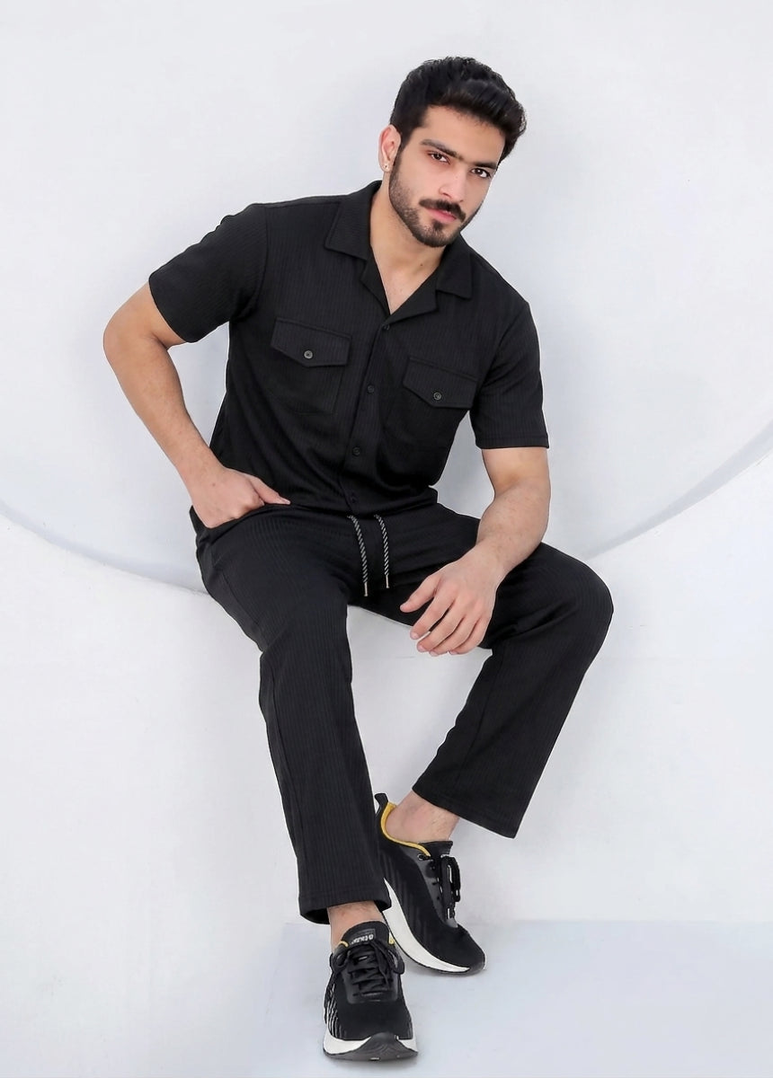 Black ribbed co-ord set front view with shirt and pants for men