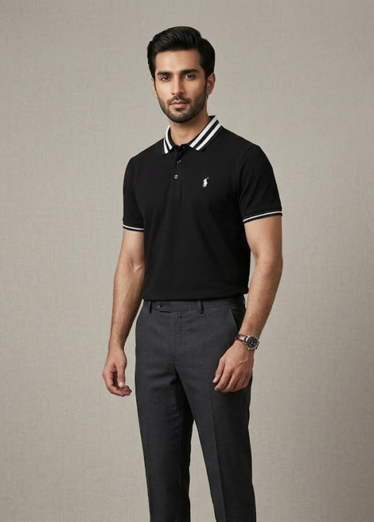 Black polo shirt front view with striped collar and short sleeves