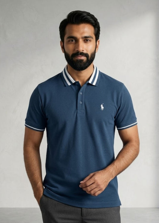 Blue polo shirt front view with striped collar and short sleeves