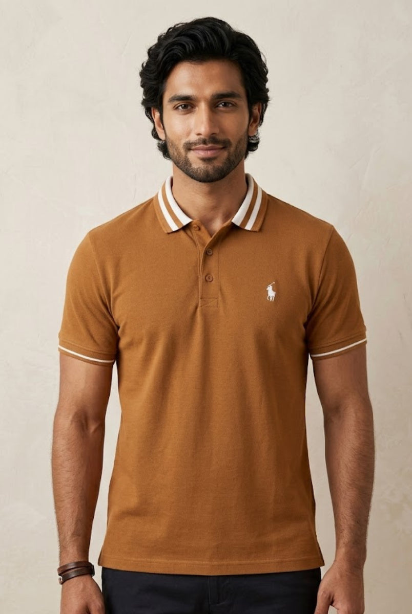 Camel brown polo shirt front view with striped collar and short sleeves