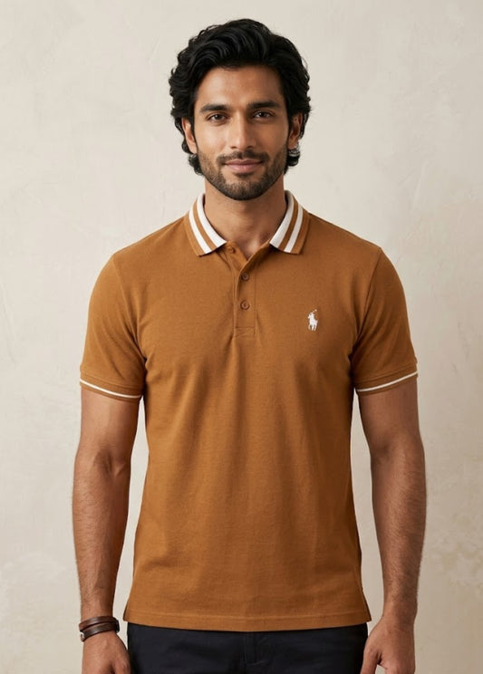 Camel brown polo shirt front view with striped collar and short sleeves