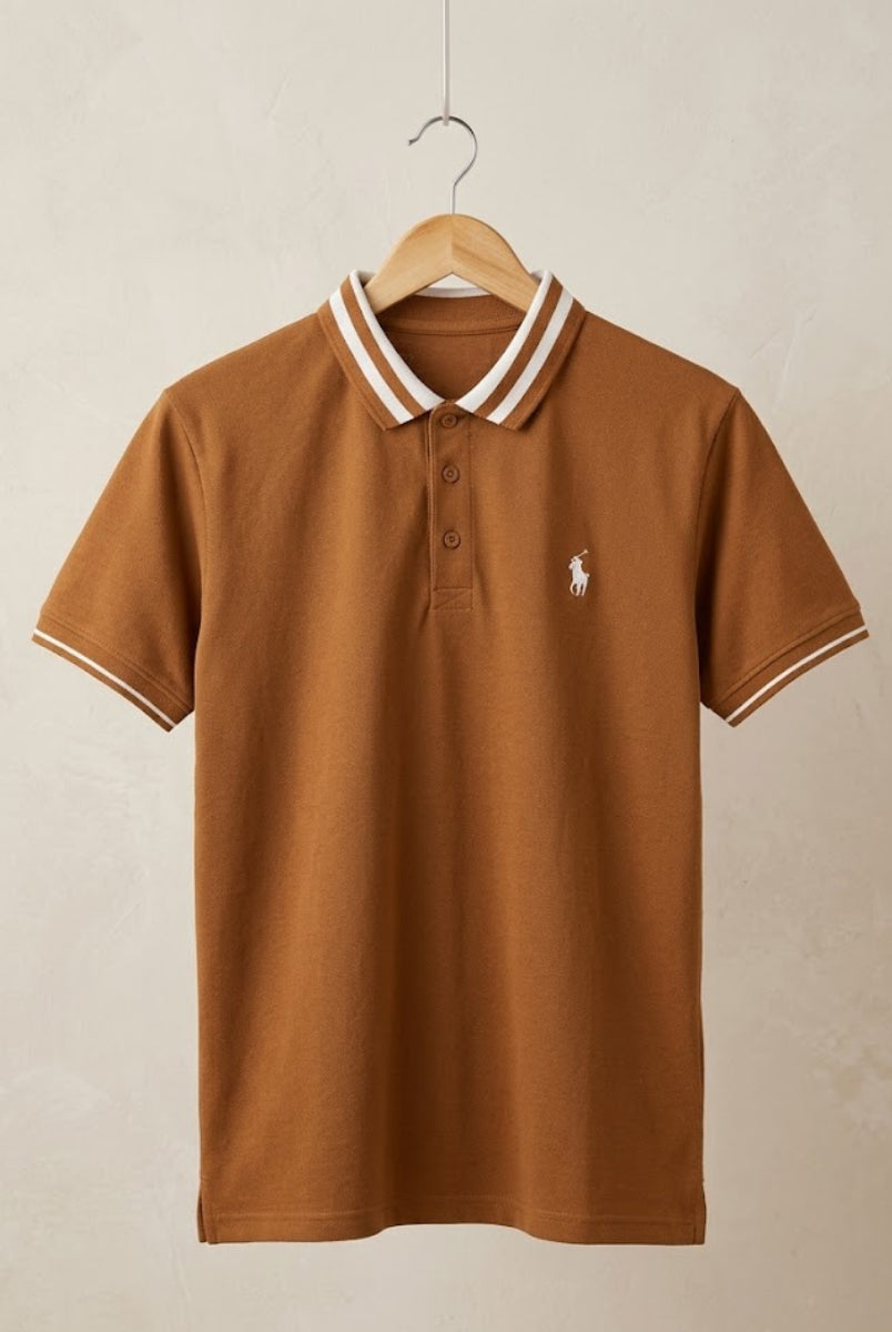 Camel brown polo shirt front view with striped collar and short sleeves