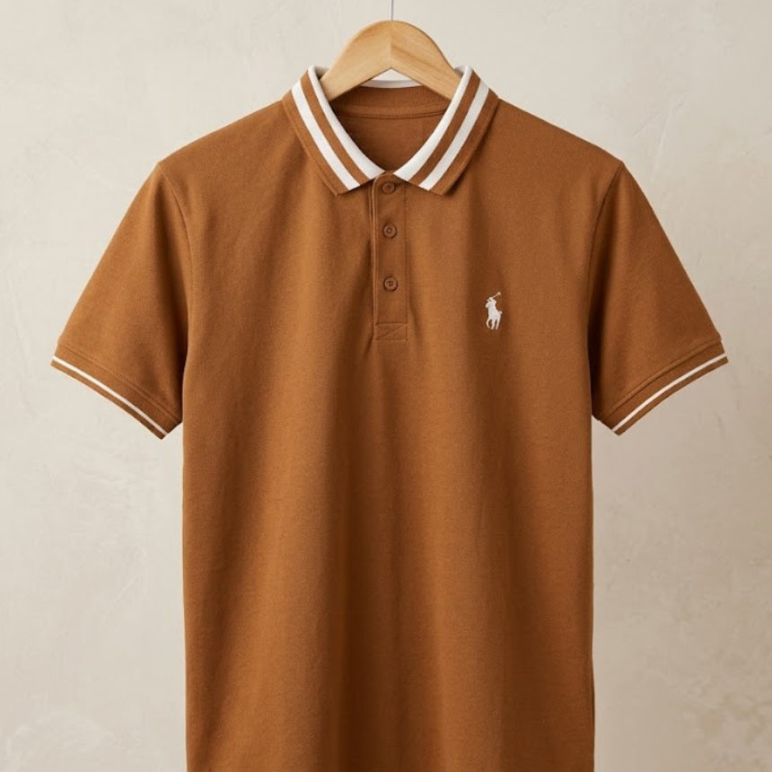 Camel brown polo shirt front view with striped collar and short sleeves