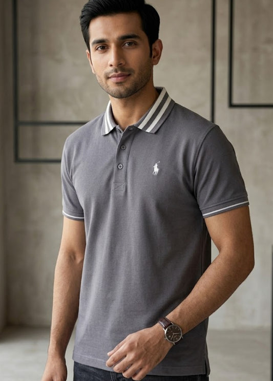 Grey polo shirt front view with striped collar and short sleeves