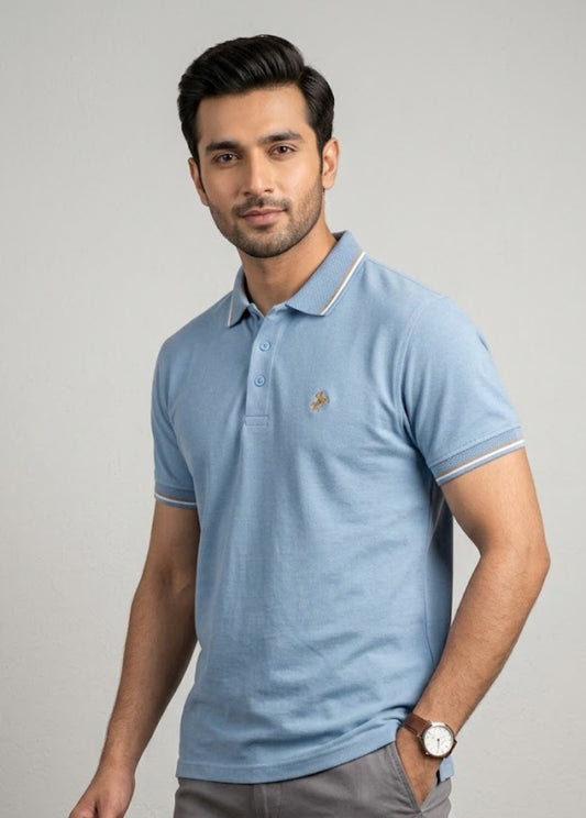 Light blue polo shirt front view with striped collar and short sleeves