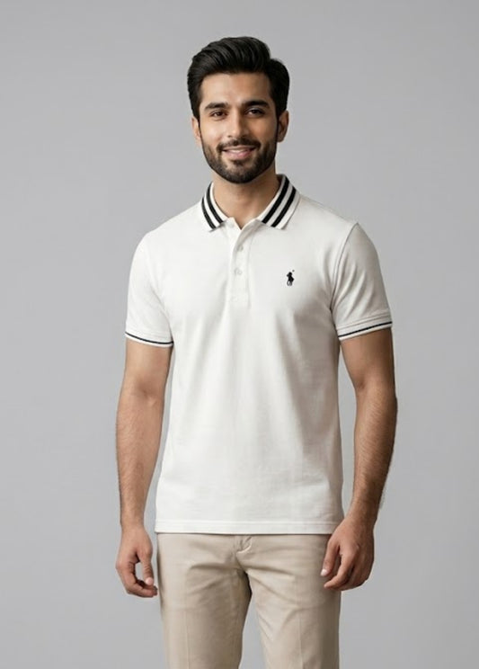 White polo shirt front view with striped collar and short sleeves