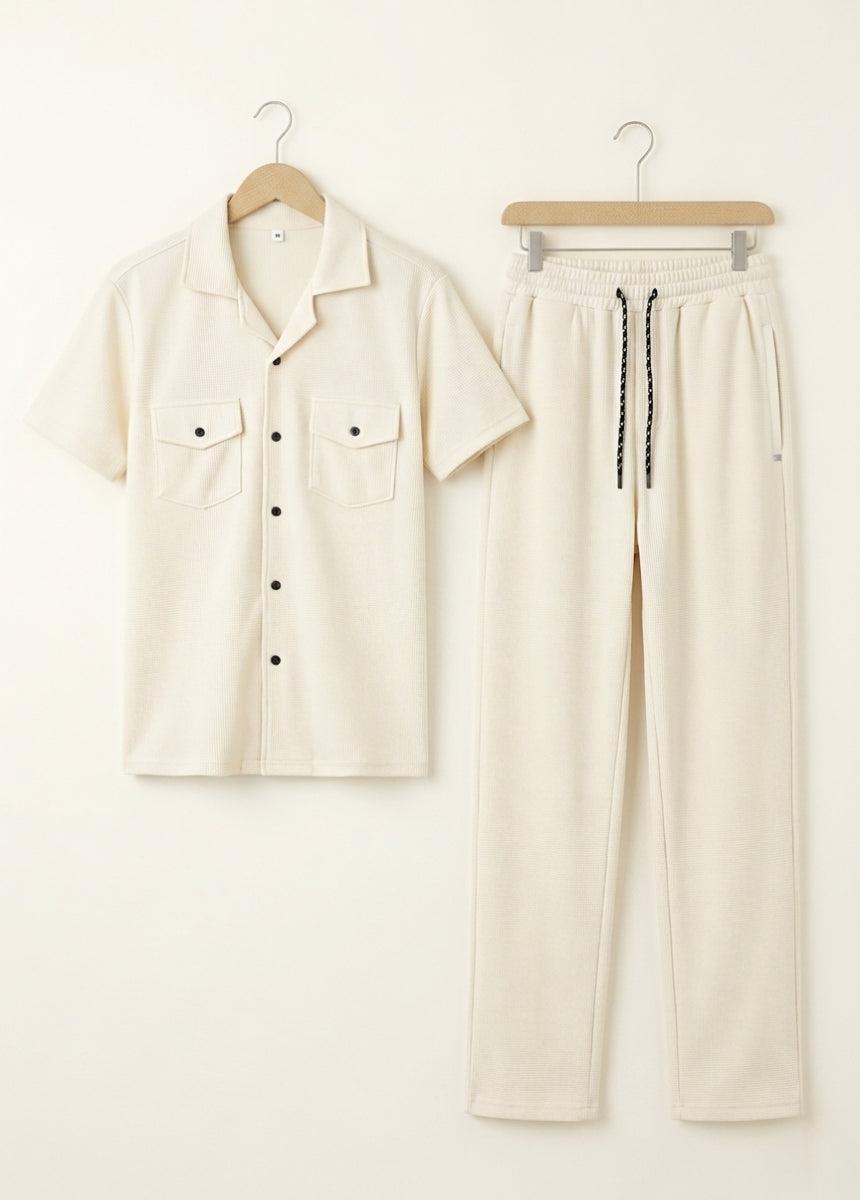 Cream co-ord set for men with short sleeve shirt and matching pants front view